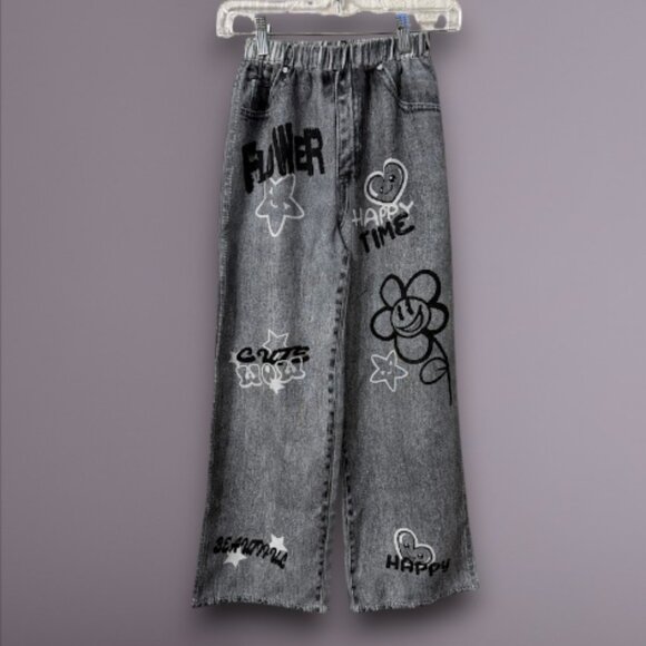 Gray Wide Leg Jeans Y2K Graphic Denim Pants High Waist Baggy Streetwear Cartoon - Picture 3 of 9